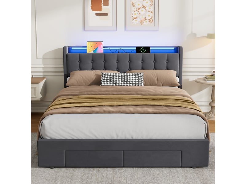  Lit 160x200 cm avec rangement, led et usb gris foncé  - Conforama B