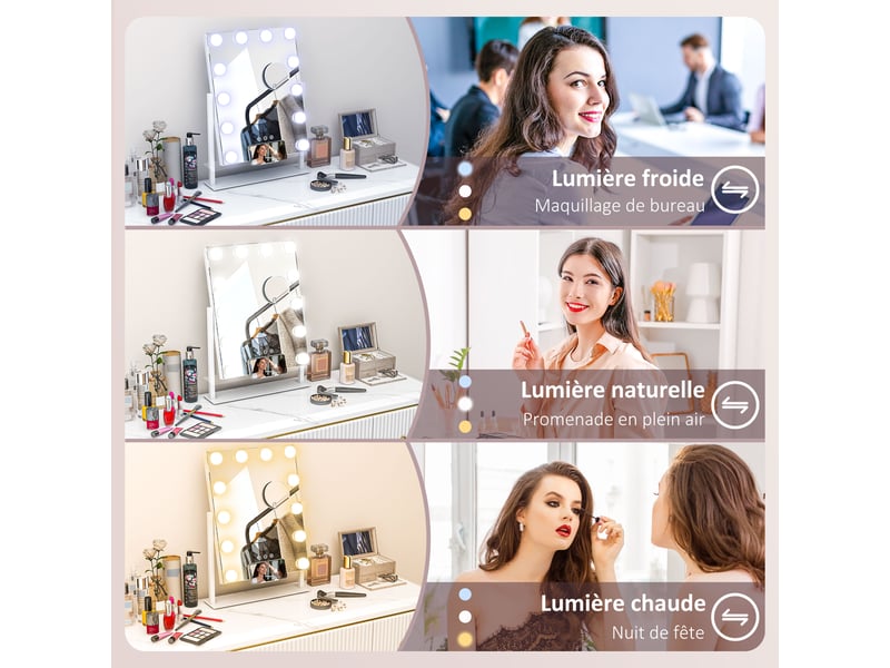 Miroir hollywood avec led 12 ampoules, luminosité réglable, rotation à 360°, grossissement 10x, blanc, touche tactile - Conforama R