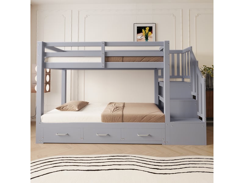 Lit superposé 90x200, lit gigogne extensible 90180x190cm avec escalier de rangement et tiroirs de lit, pour chambre enfant et adolescent, gris - Conforama C