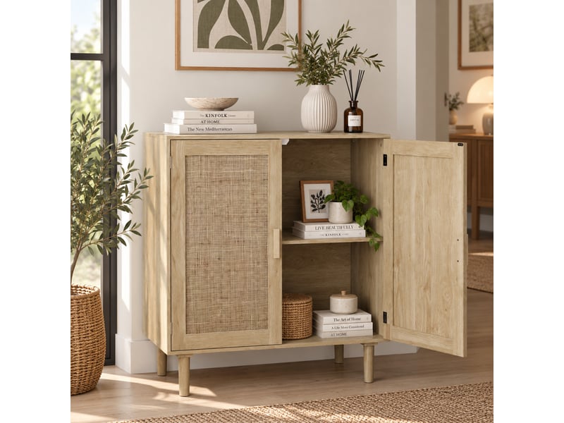  Buffet bas 80x40x88 cm naturel, 2 portes en rotin, poignées bois massif, meuble de rangement salon entrée  - Conforama E