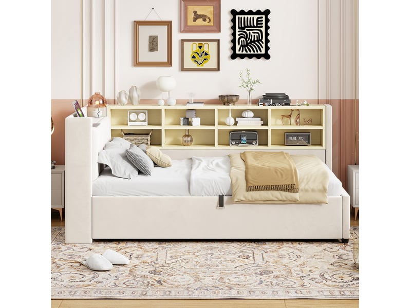  Lit coffre 90x200 cm, lit simple avec veilleuse et usb-c, velours beige, sans matelas  - Conforama B