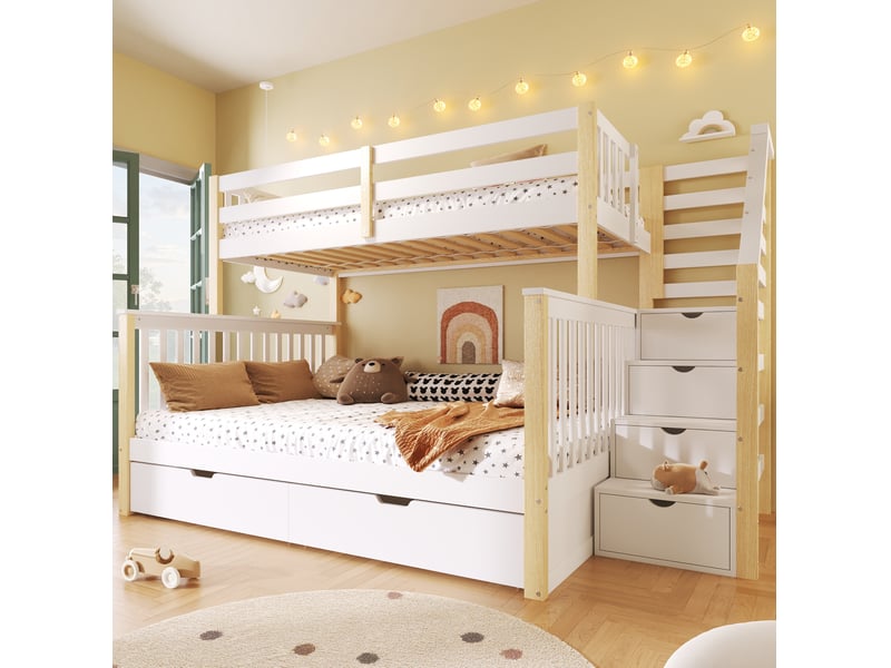  Modenvie lit superposé 90x200 + 140x200 cm - avec tiroirs de rangement, sans matelas - bicolore  - Conforama D