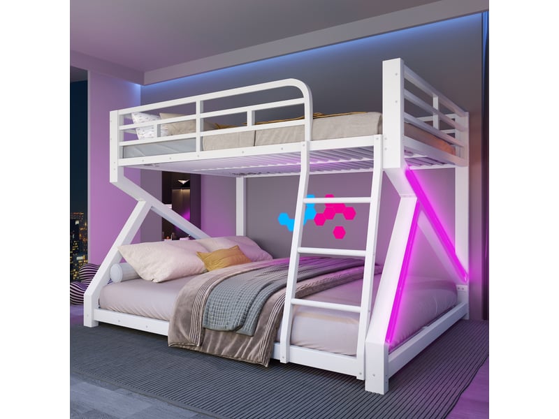  Lit superposé 2 couchages 140x200 et 160x200 cm blanc en métal, led intégrée, garde-corps supérieur, échelle, hauteur 146 cm et charge 150 kg  - Conforama B