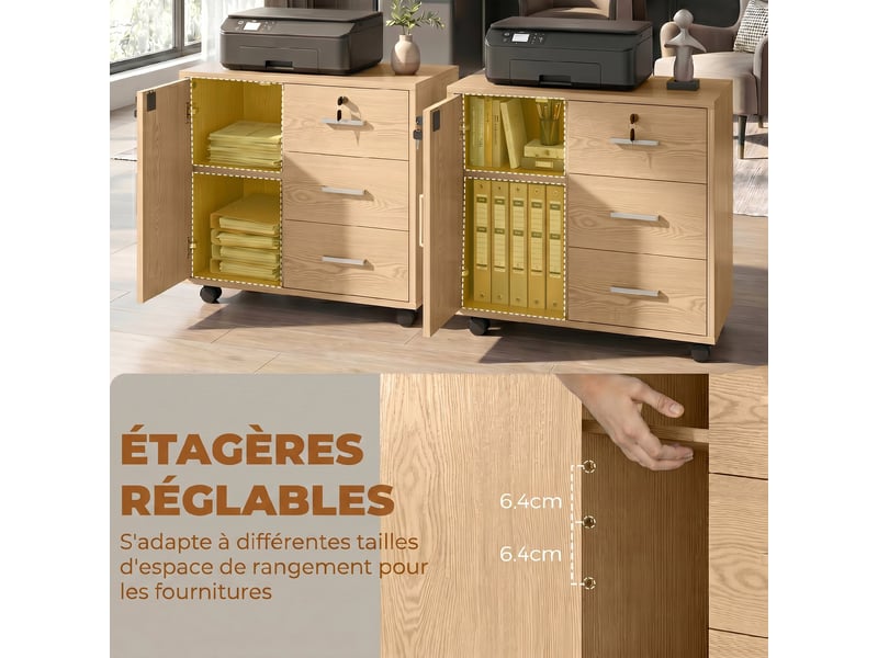  Caisson bureau meuble de rangement verrouillable avec 3 tiroirs et étagère réglable, roulettes, marron clair, 40 x 60 x 56 cm  - Conforama R