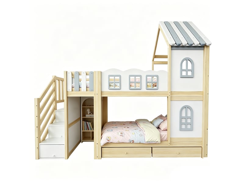  Lit superposé 90x200 cm, lit enfant, tiroirs, étagères, échelle sécurisée, motif nuage, bois gris, blanc, bois naturel  - Conforama B