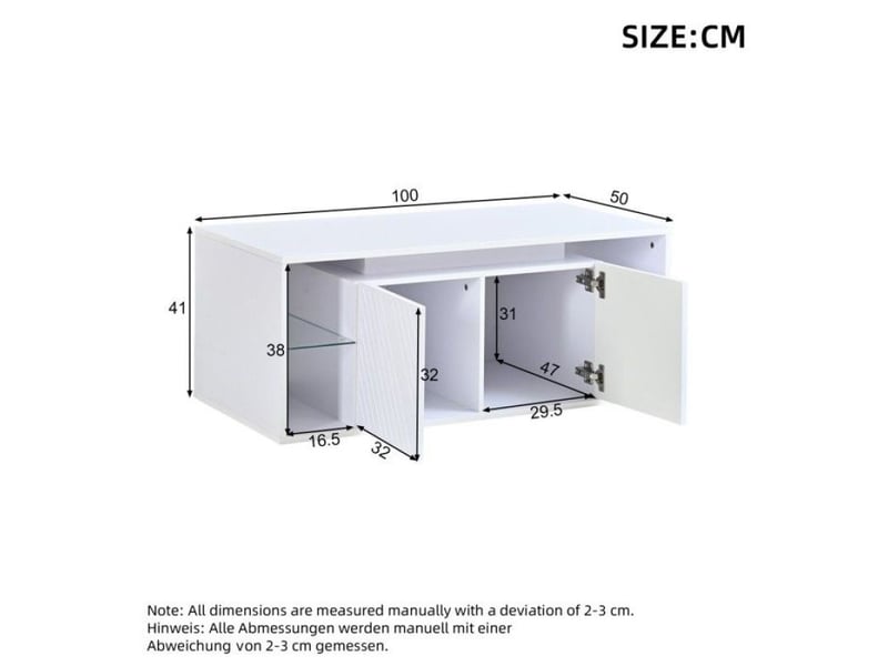  Table basse blanc 100x50x41cm, meuble de salon moderne avec led,compartiment semi-ouvert,2 portes,panneaux de particules,charge  - Conforama D