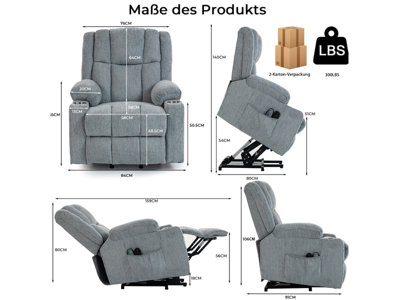 Fauteuil relax électrique avec aide au relevage, massage et chaleur, avec porte-gobelet, en velours gris clair - Conforama E