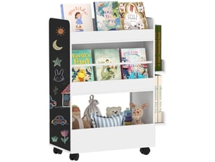 Bibliothèque pour enfants de 3 à 8 ans, étagère de rangement double face pour jouets avec roulettes et tableau noir, blanche