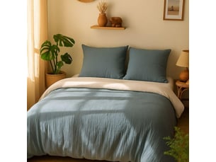 Parure housse de couette 240x220cm + 2 taies 100% gaze de microfibre uni bleu pétrole et blanc - nathea