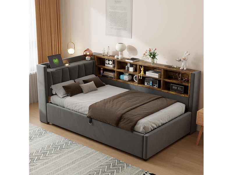  Lit banquette enfant 90x200 cm gris foncé velours, rangement hydraulique, éclairage et ports usb type-c  - Conforama B
