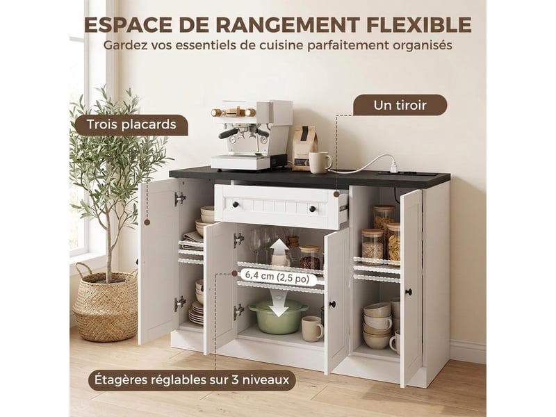 Buffet avec station de charge 3 portes 1 tiroir blanc et noir 120x40x80 cm  - Conforama E