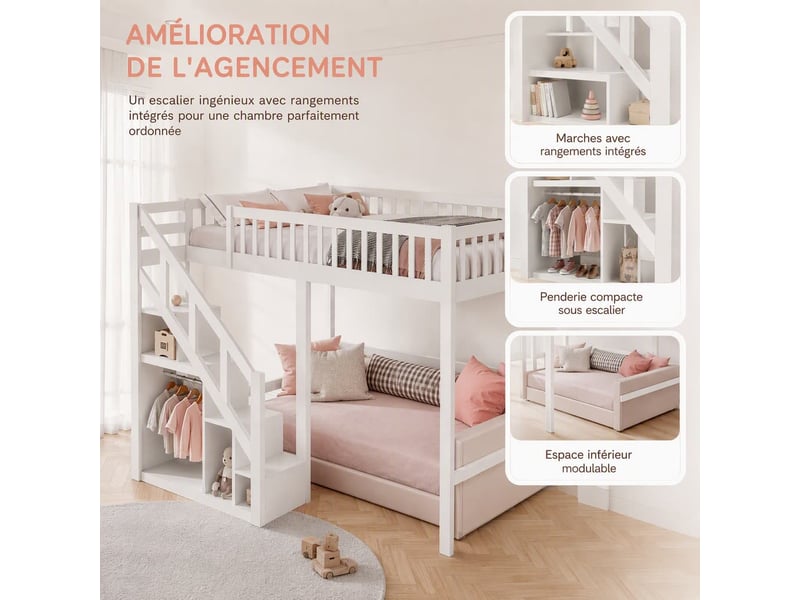  Lit mezzanine enfant 90x200 cm avec escalier de rangement, lit surélevé avec sommier et barrière, lit avec rangement, cadre de lit, bois massif, blanc, matelas non inclus  - Conforama C