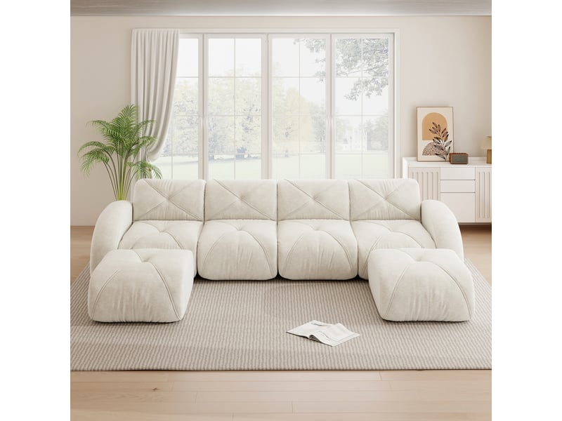  Canapé panoramique en u modulaire avec assise en mousse dense et structure sans cadre, en chenille beige clair  - Conforama C