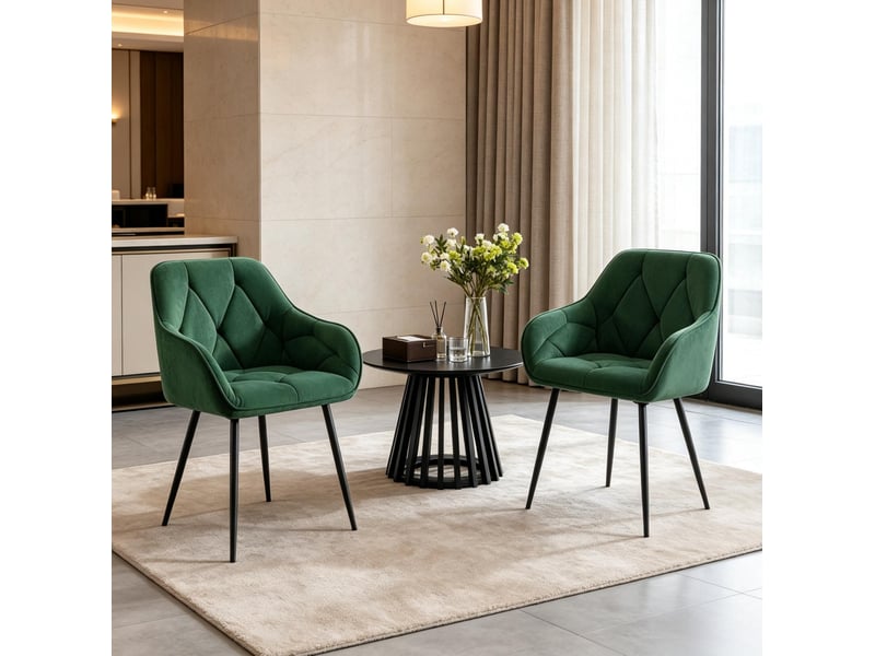  Lot de 2 chaises de salle à manger 45,5x45x83,5 cm, dossier, pour salle à manger, velours, vert foncé, pieds en métal  - Conforama D