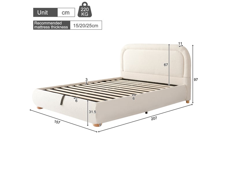  Lit coffre 140x190 cm bouclé beige avec tête de lit rembourrée et sommier à lattes  - Conforama C