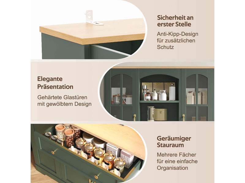 Buffet de cuisine avec 2 portes vitrées, tiroir, étagères réglables et led pour salon, en mdf vert gris 100×38×178 cm - Conforama E