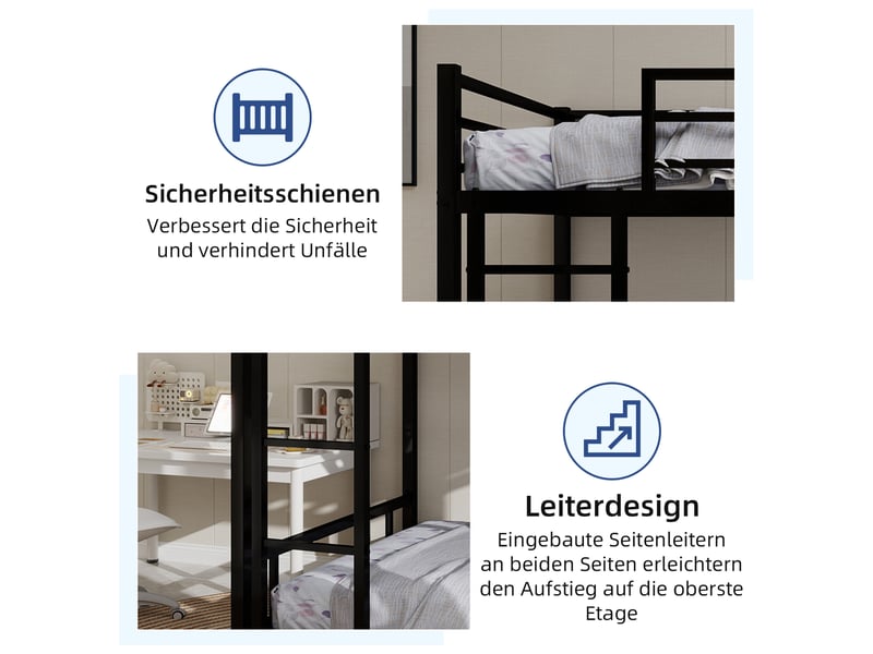 Lit superposé bas - 136cm - garde-corps 33cm - métal robuste - échelle intégrée - noir  - Conforama D