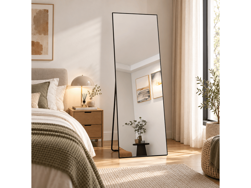 Miroir complet rectangulaire 165 × 60 cm, miroir de sol sur pied avec support, miroir décoratif pour chambre à coucher, salle de bain, entrée, couloir, noir - Conforama B
