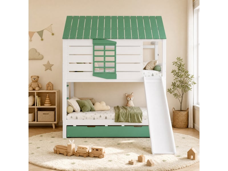  Lit superposé enfant 90x200 cm blanc et vert avec toboggan et lit gigogne  - Conforama D