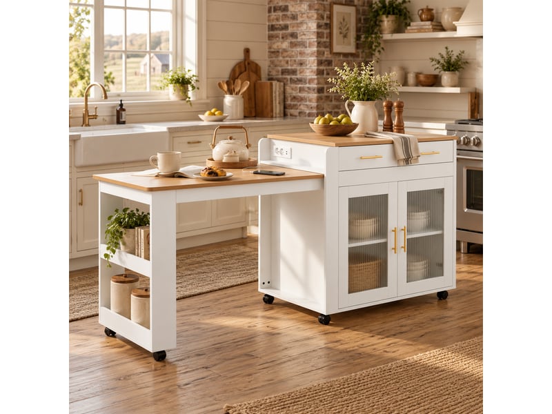 Îlot de cuisine - rangements intégrés - table extensible - port usb - prise de charge - meuble de cuisine - gain de place - blanc CozyNest - Conforama B
