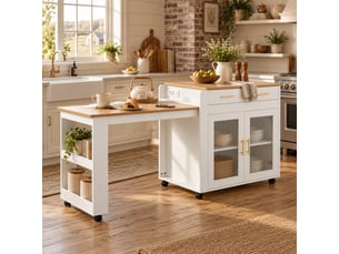 Îlot de cuisine - rangements intégrés - table extensible - port usb - prise de charge - meuble de cuisine - gain de place - blanc