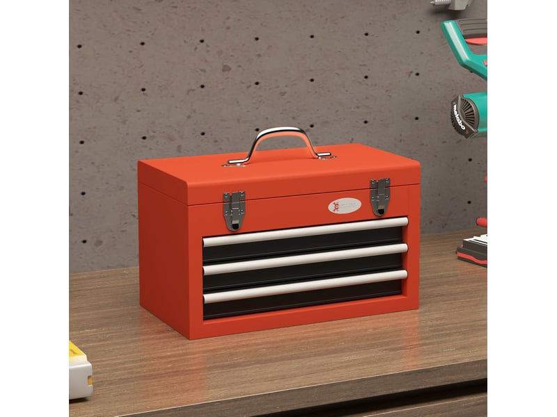 Boîte à outils vide 45x24x27 cm, 3 tiroirs, compartiment supérieur, poignée, 2 loquets, métal, rouge - Conforama B