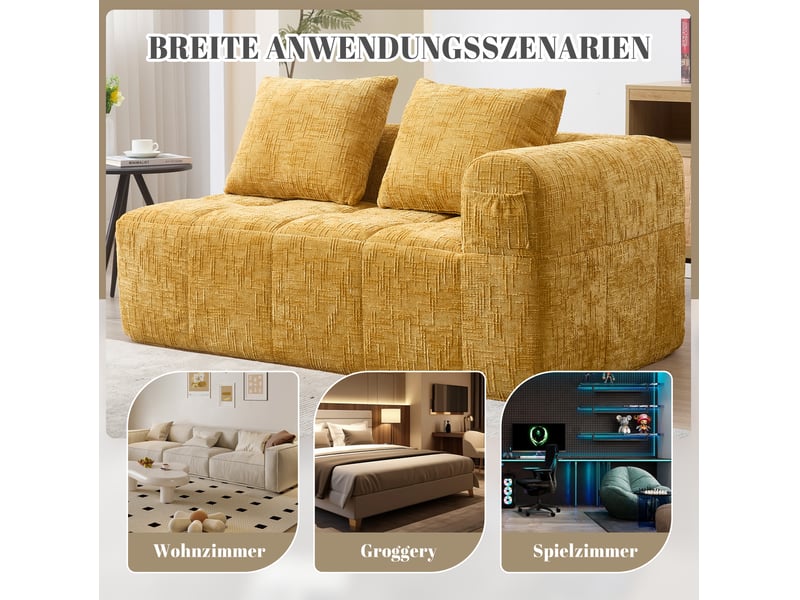 Canapé droit fixe 2 places en tissu jaune 158 × 90 × 60 cm, poches latérales et coussin inclus, style contemporain - Conforama D