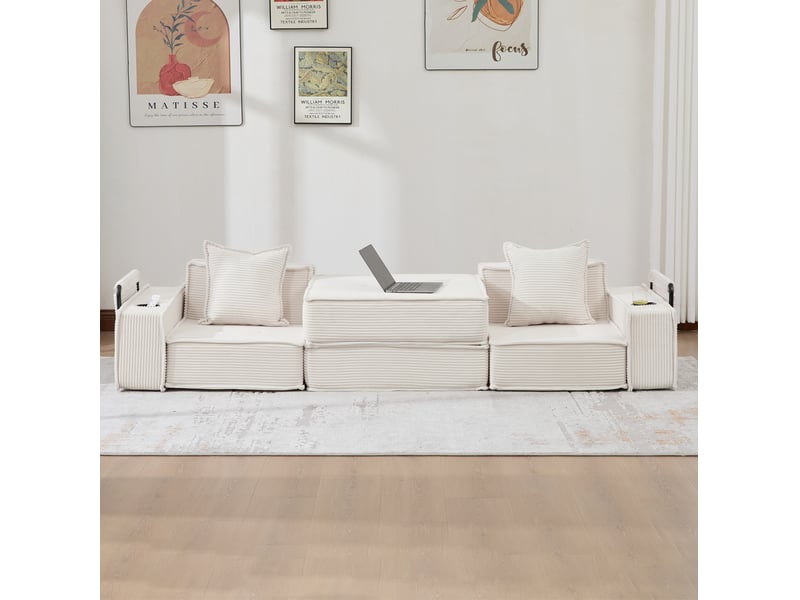 Canapé-lit modulaire ulevr 2 places avec poches latérales, velours côtelé beige, 162 x 78 x 66 cm, 2 coussins et porte-gobelets - Conforama D