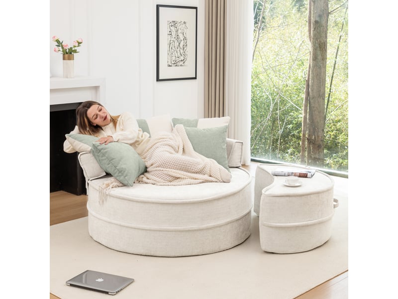  Fauteuil 1 place - 121x163x66 cm - fauteuil rond lounge xxl en tissu chenille avec 5 coussins et repose-pieds - beige  - Conforama D