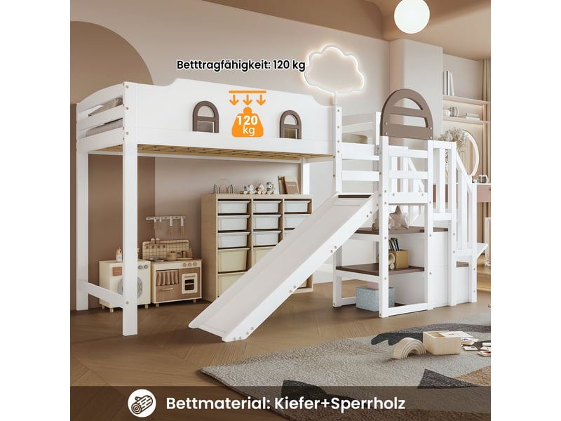 Lit superposé enfant avec fenêtre, toboggan et escalier 2 casiers, 90x200cm, blanc  - Conforama E
