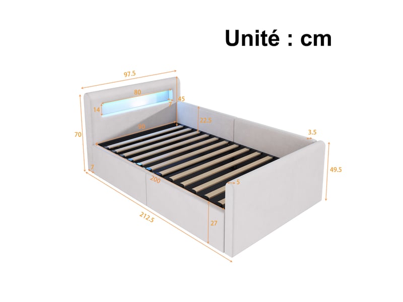  Lit banquette en velours beige, lit simple 200x90 cm avec coffre hydraulique, led, usb et dossier réversible  - Conforama D