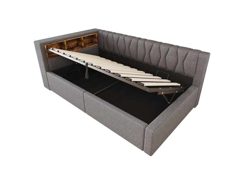  Lit de jour, canapé-lit, 90 x 200 cm, sans matelas, suspension hydraulique, avec bande led à intensité variable, étagère pratique et port usb, gris  - Conforama D
