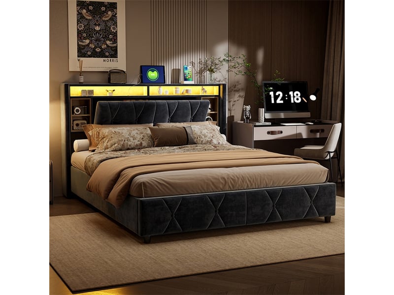  Lit 160x200 cm - lit coffre 160x200 cm - sommier relevable led usb prise rangement tête de lit - velours gris foncé  - Conforama D