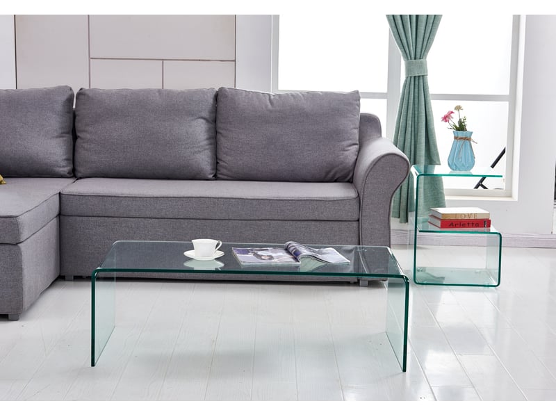  Table basse fixe en verre trempé transparent avec structure incurvée monobloc pour le salon, 100 × 50 × 35 cm  - Conforama D