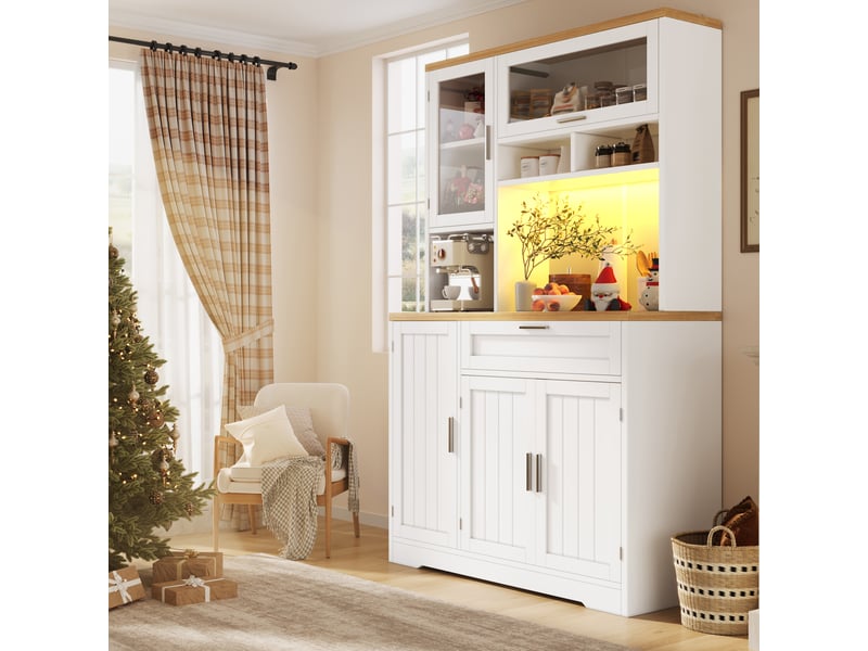  Vaisselier de cuisine 104x40x180 cm – blanc – éclairage led usb pilotable par application, 5 portes  - Conforama B