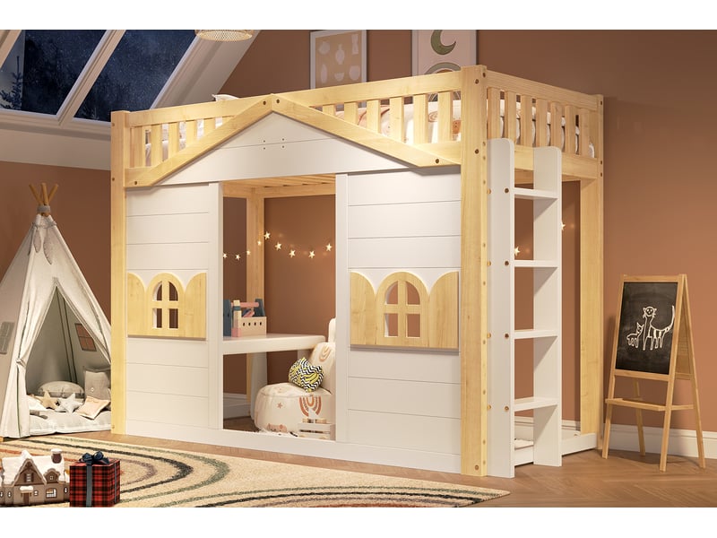  Lit superposé enfant 90x200 cm blanc et bois clair pin et mdf avec sommier inclus Sol Morn - Conforama B