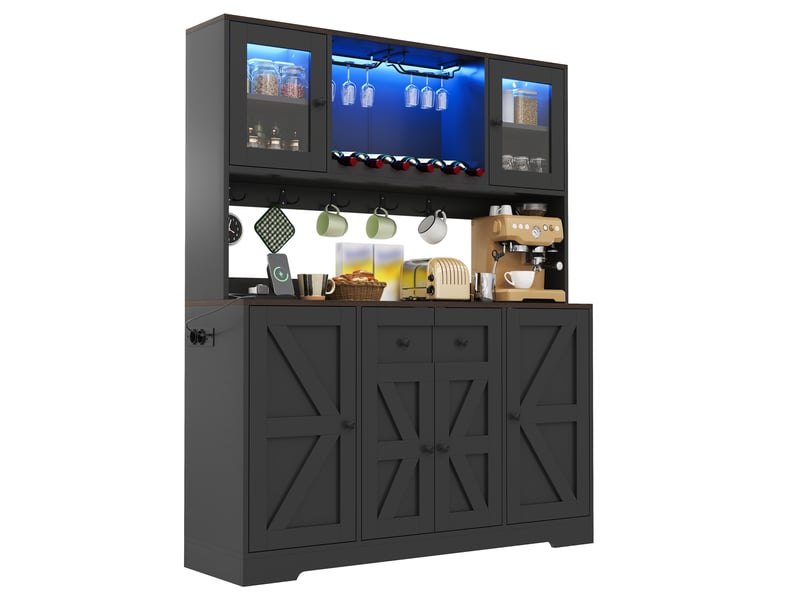  Buffet de cuisine haut 140x40x173 cm noir avec led rgb, 2 prises + 2 usb, casier à vin et porte-verres Fay Lum - Conforama A