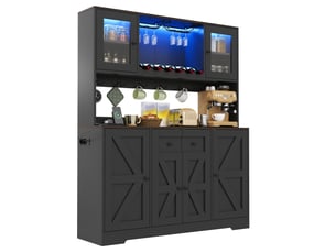Buffet de cuisine haut 140x40x173 cm noir avec led rgb, 2 prises + 2 usb, casier à vin et porte-verres