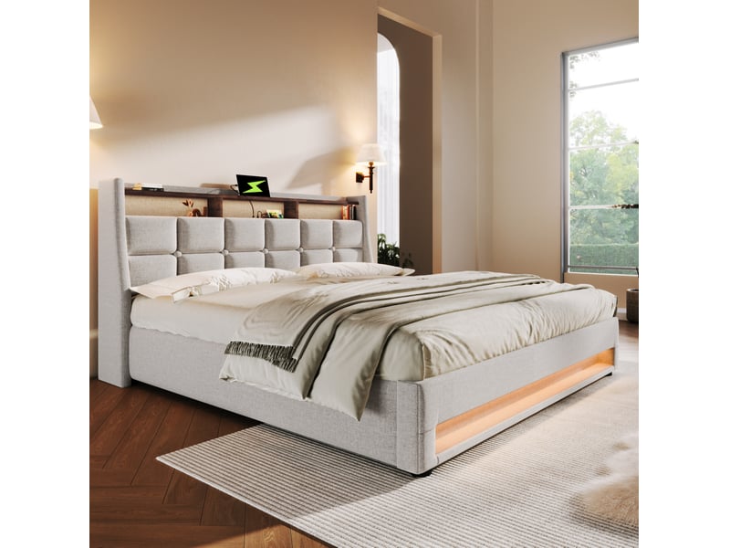  Lit coffre rembourré tcqpz 160 x 200 cm avec led et usb sommier à lattes cadre métal lin beige  - Conforama E