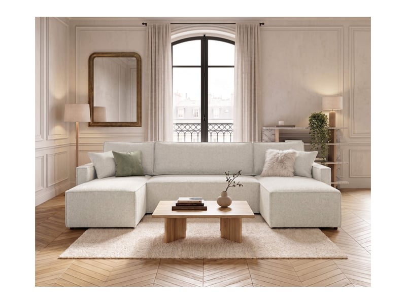 Farah - canapé d'angle panoramique convertible 6 places accoudoirs slim en tissu bouclettes texturées - Conforama B
