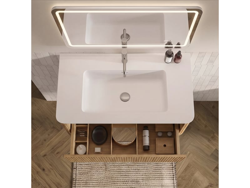 Meuble sous vasque avec miroir led et colonne de salle de bain, rangement mural, vasque en résine, finition chêne et blanc - Conforama E