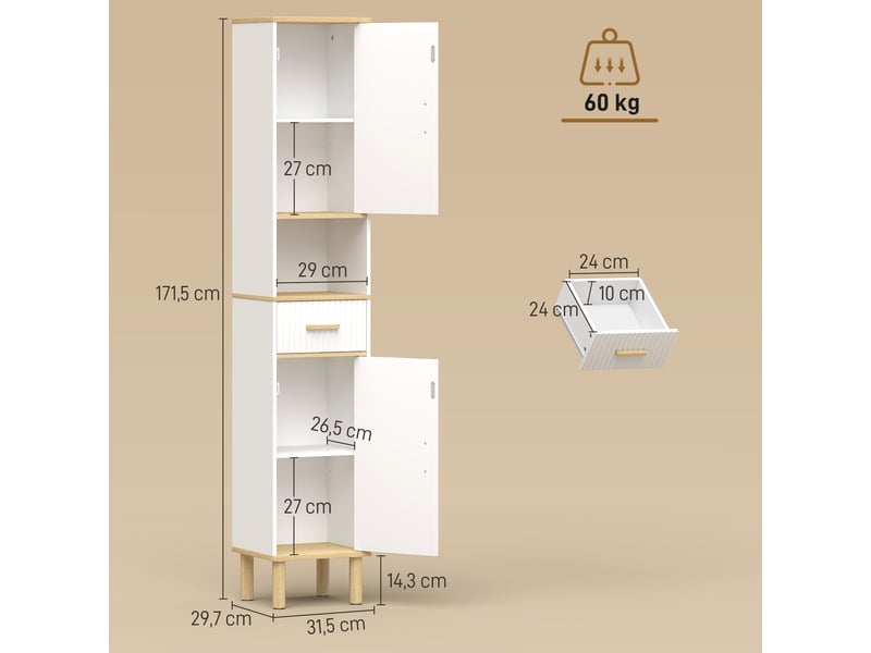 Meuble colonne salle de bain, meuble de rangement étroit avec 2 portes, tiroir, blanc, compartiment ouvert - Conforama C