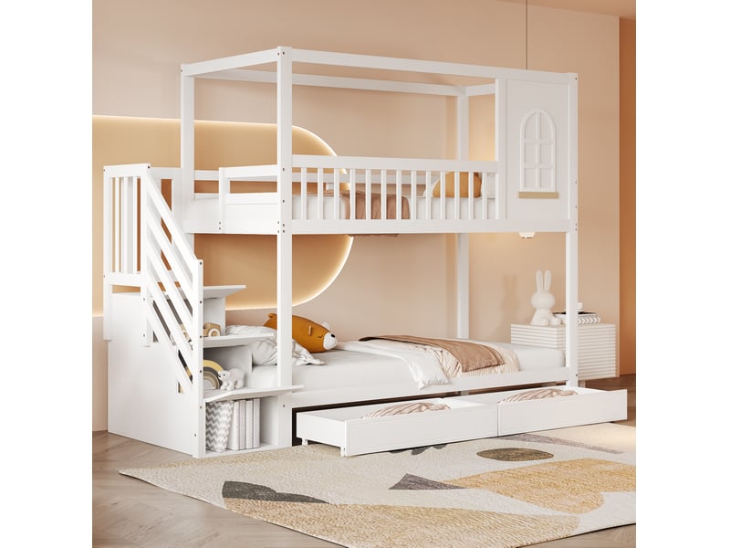 Lit superposé enfant 90x200 cm – blanc et bois naturel – escalier à rangements et 2 tiroirs - sans matelas  - Conforama B