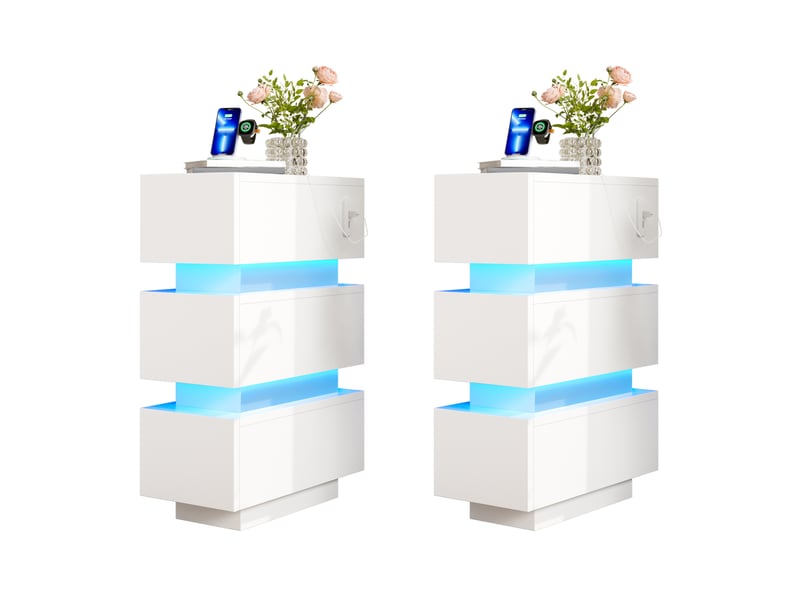 Tables de chevet modenvie étroites lot de 2 avec 3 tiroirs, led, usb et type-c, 20 x 40 x 59,5 cm, blanc  - Conforama A