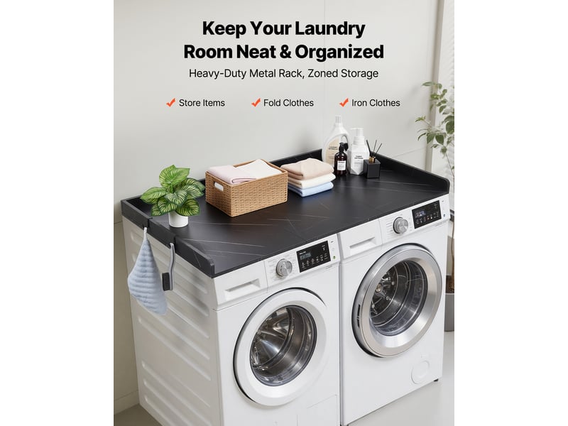 Vevor plan de travail pour lave-linge et sèche-linge 137x69,9 cm, panneau p2 15 mm, noir, capacité 113 kg, avec rebord et 2 crochets XYTM0929BK - Conforama B