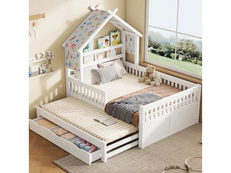Lit cabane 140x200 cm, lit gigogne, lit enfant avec 3 tiroirs, barrières, pour chambre, pin et mdf, blanc sans matelas - Conforama D
