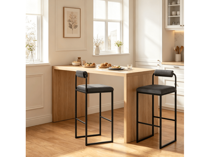  Tabouret de bar avec dossier et repose-pieds, assise en velours, style moderne pour cuisine, gris foncé  - Conforama C