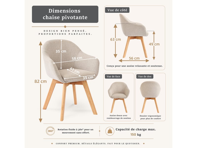 Lot de 2 chaises de salle à manger pivotantes à 360° – fauteuils design cocon, tissu effet lin respirant, pieds en bois massif - beige - Conforama C
