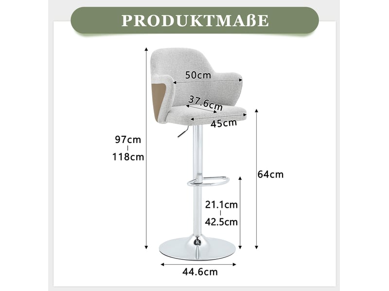  Tabouret de bar lot de 2 pivotant réglable en hauteur avec accoudoirs et repose-pieds, en tissu gris  - Conforama D