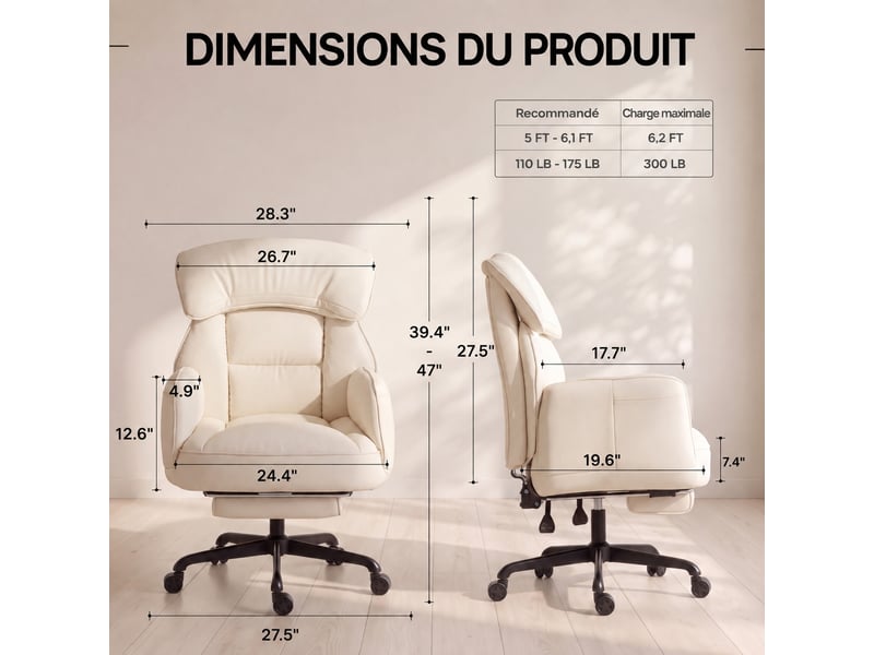  Fauteuil de bureau ergonomique,dossier inclinable 90°-135,repose-pieds,hauteur réglable,cuir pu,beige  - Conforama E